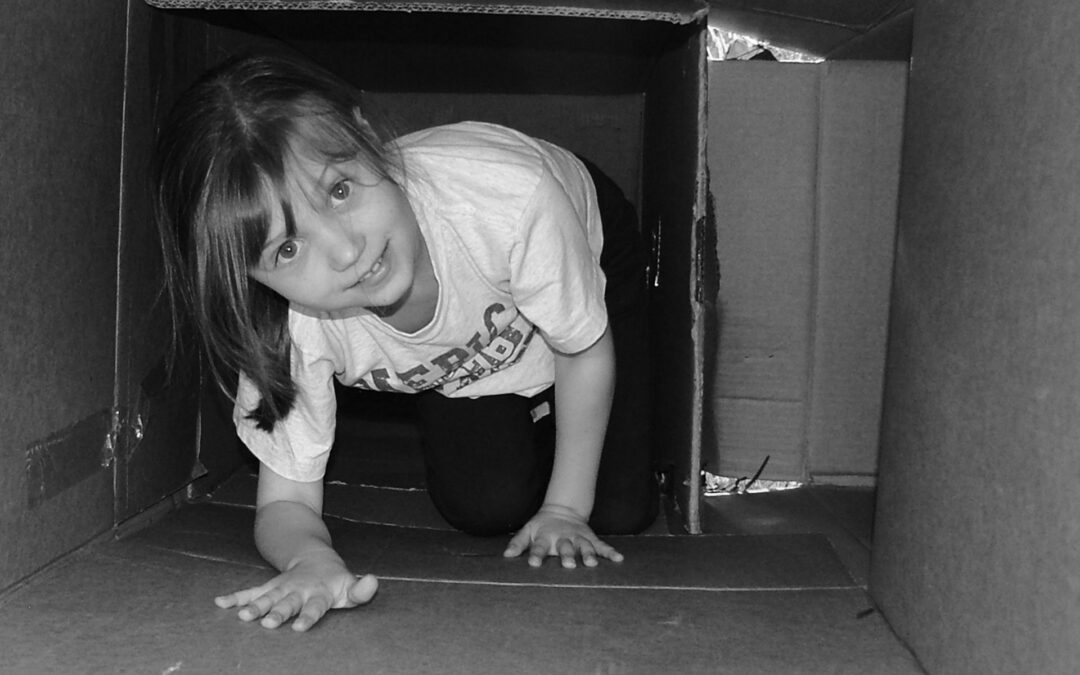 Child playing in a cardboard box